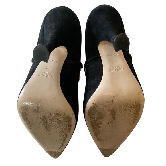 Miu Miu Shoe Pump Black Suede Rhinestone Embellished Strap Kitten Heel Size 38 - Picture 6 of 8